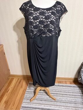 connected apparel Black Lace Draped Midi Dress